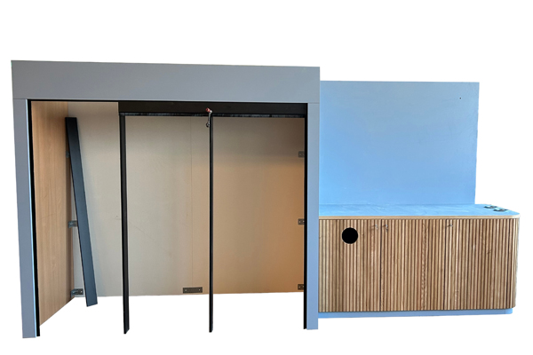 Kaffeeküche freistehend mit Becherhalter und Mülleinwurf Automatenverkleidung mit Kaffeepoint