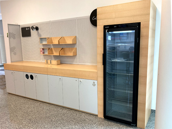 Objekteinrichtung K&uuml;che mit K&uuml;hlschrankverkleidung, Arbeitsplatte, Regalen, abschlie&szlig;baren Schr&auml;nken, M&uuml;llsammler, Becherhalter