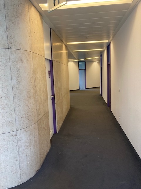 Showroom Böden. Wände, Decken mit Stoff bespannt. In verschieden Themenbereiche unterteilt. Altes Bürogebäude entkernt, Böden aus Gummi, Teppich, Echtholz